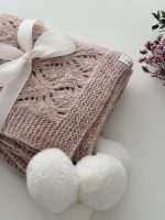 Hand Knit Alpaca Baby Blanket - Pink Marble, Genuine Fur Pom Poms - Image 5