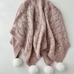 Hand Knit Alpaca Baby Blanket - Pink Marble, Genuine Fur Pom Poms