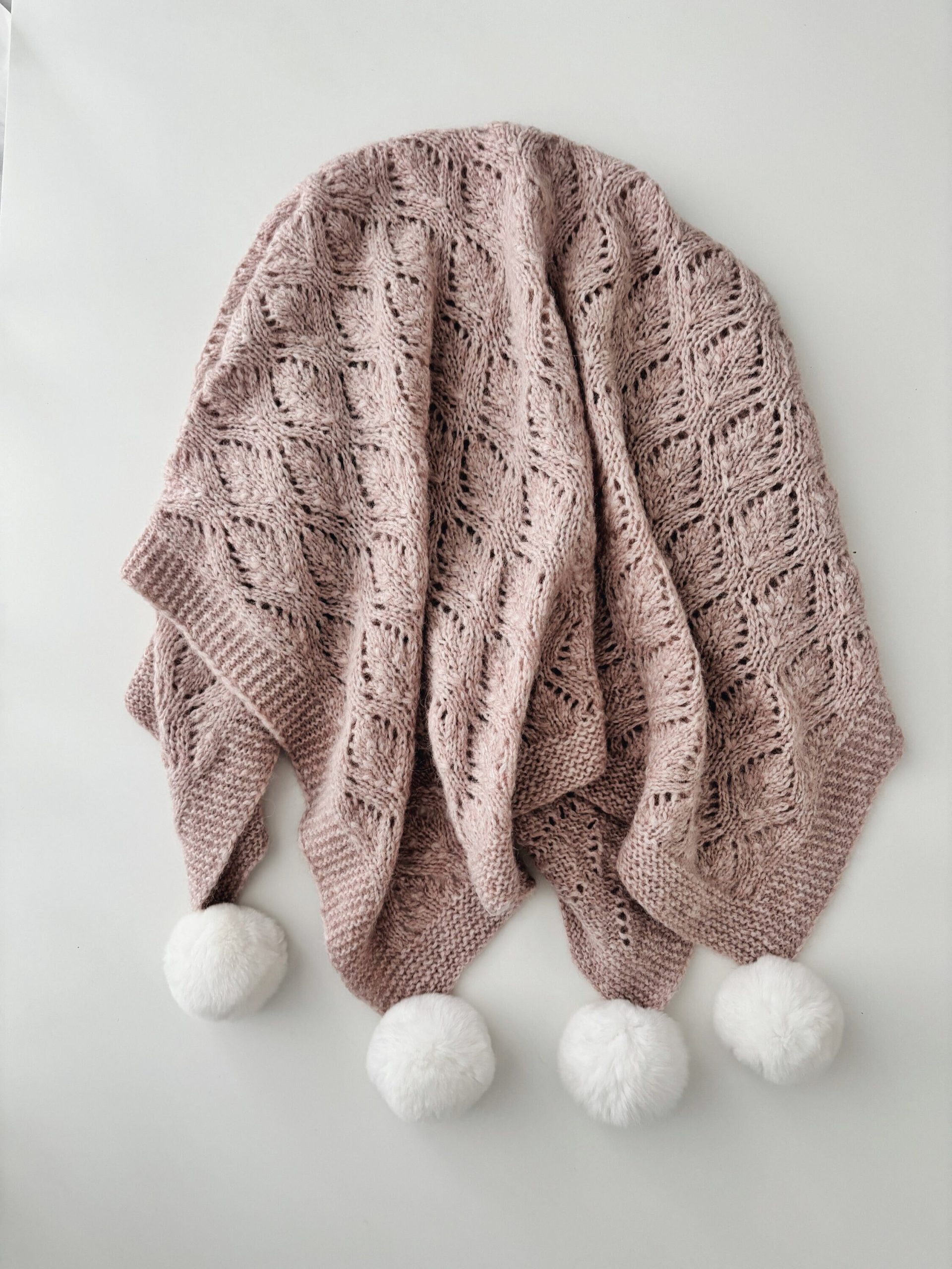 il_fullxfull.5746132488_q879 Hand Knit Alpaca Baby Blanket - Pink Marble, Genuine Fur Pom Poms - Image 1