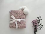 Hand Knit Alpaca Baby Blanket - Pink Marble, Genuine Fur Pom Poms - Image 2