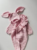 Merino Knit Baby Romper and Bonnet Set - Pale Pink - Image 5