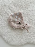 Embroidered Baby Bonnet – Hand Knit Merino Wool, Beige, 0-3 Months