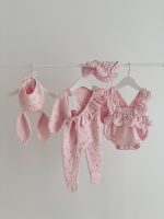 Merino Knit Baby Romper and Bonnet Set - Pale Pink - Image 9