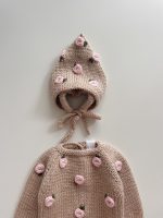 Embroidered Rose Merino Wool Baby Romper and Bonnet Set - Image 4