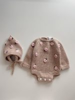 Embroidered Rose Merino Wool Baby Romper and Bonnet Set - Image 5