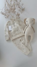 Hand Knitted Lambswool Baby Outfit – Sweater, Pants & Elephant Toy - Image 7
