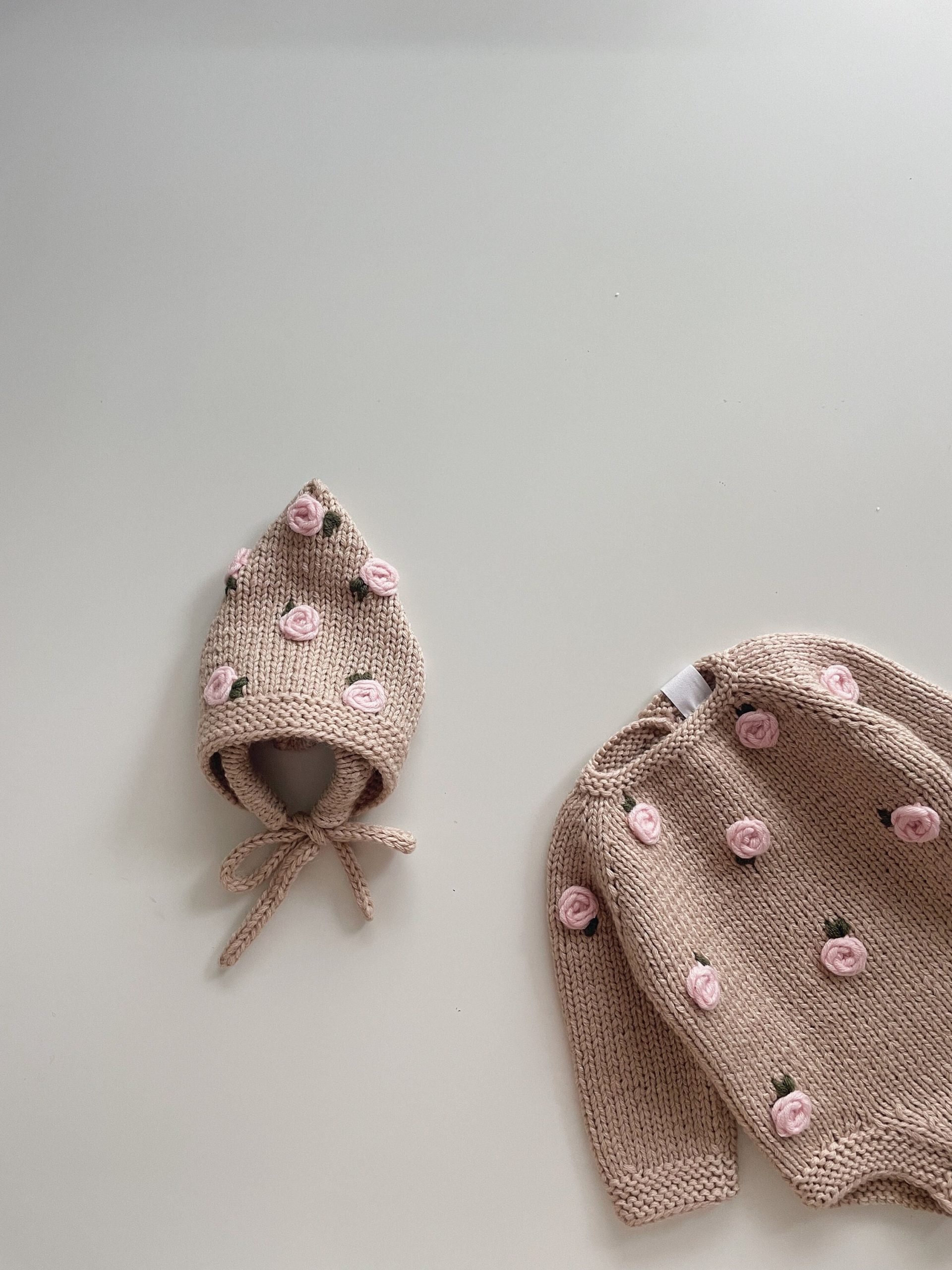 il_fullxfull.5951882371_1ma9 Embroidered Rose Merino Wool Baby Romper and Bonnet Set - Image 1