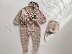 Merino Baby Girl Outfit – Beige Romper and Bonnet Set - Image 2