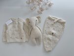 Hand Knitted Lambswool Baby Outfit – Sweater, Pants & Elephant Toy