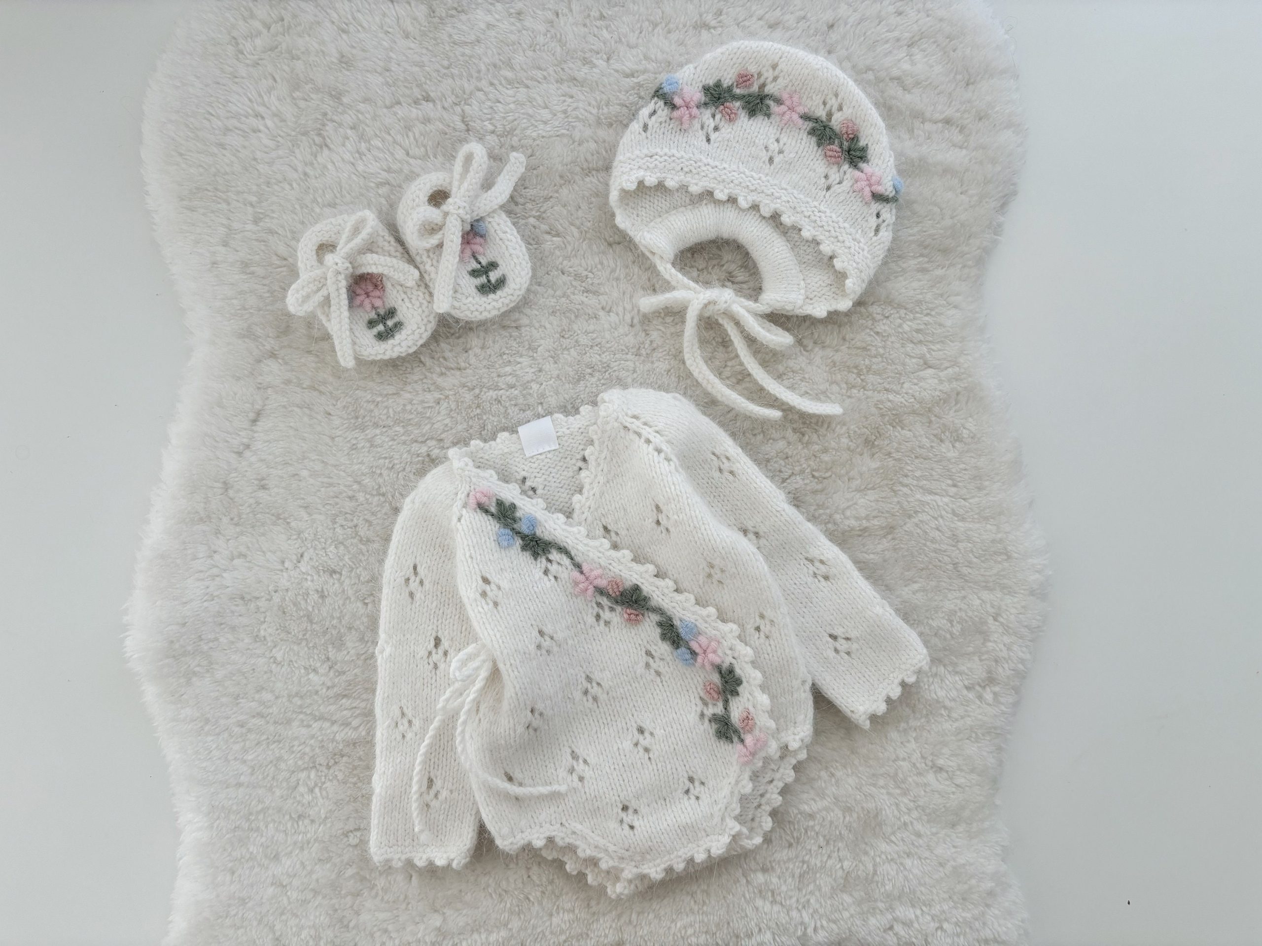 il_fullxfull.5975889716_kkwr Angora Baby Romper Set – Floral Bonnet & Booties, Newborn Outfit - Image 1