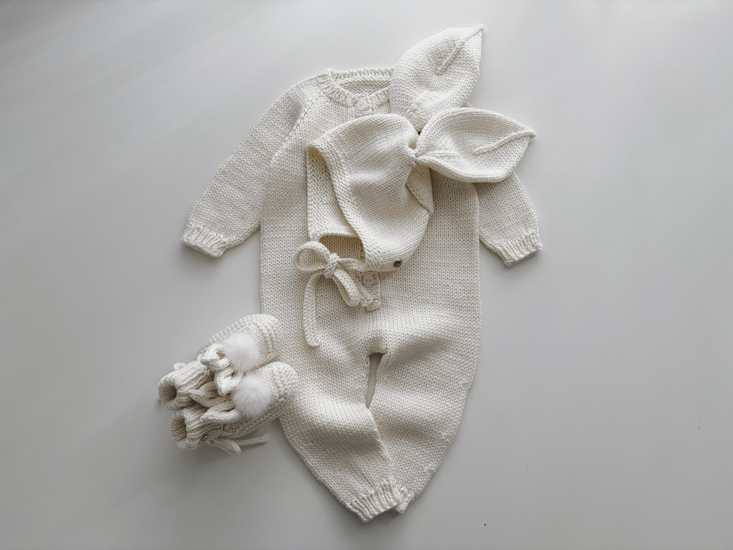 il_fullxfull.6105077588_3wfw Merino Wool Knit Baby Bunny Outfit – Cream Romper, Bonnet & Booties - Image 1