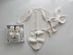 Merino Wool Knit Baby Bunny Outfit – Cream Romper, Bonnet & Booties - Image 3