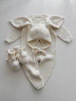 Merino Wool Knit Baby Bunny Outfit – Cream Romper, Bonnet & Booties - Image 9