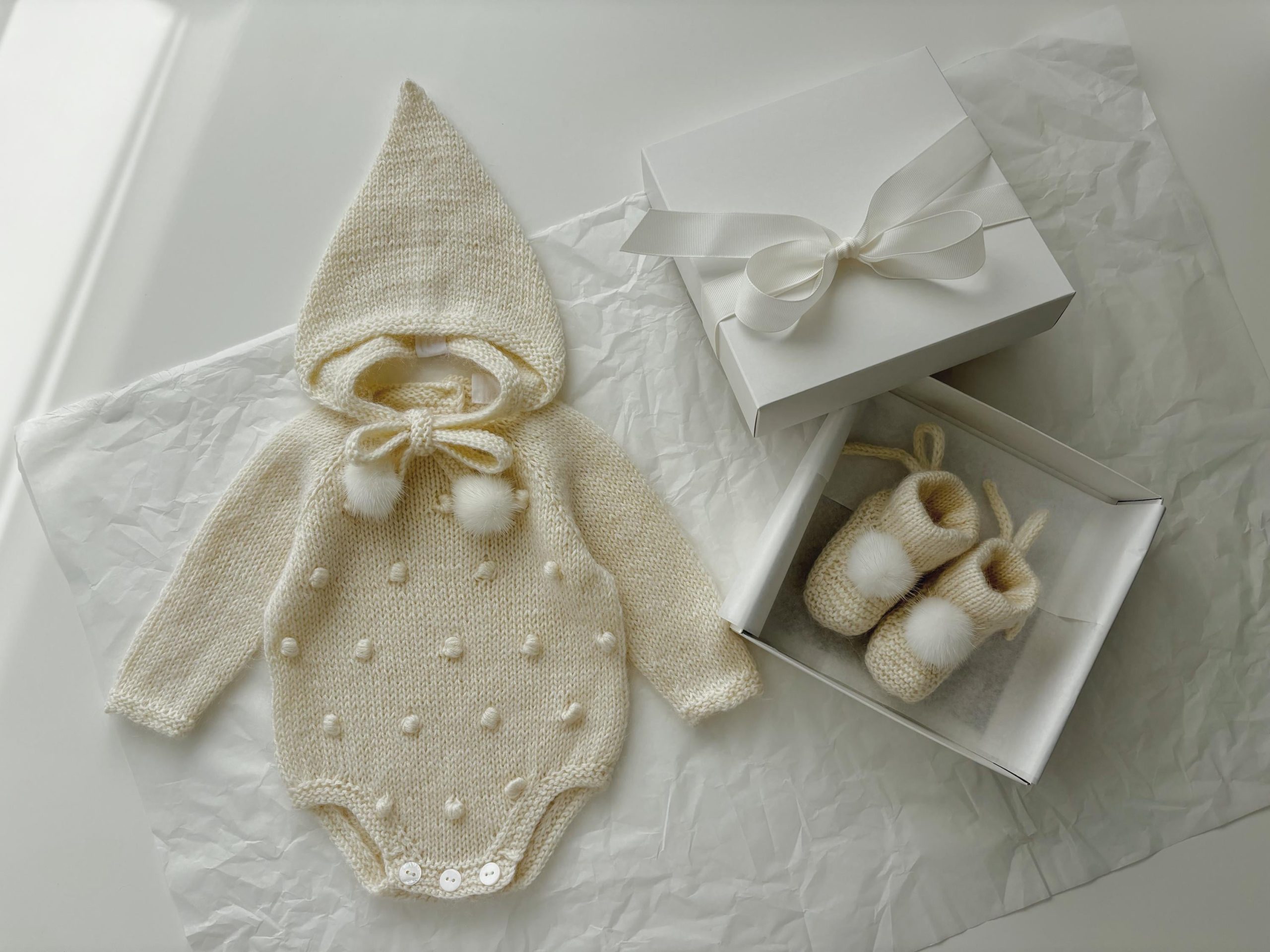 il_fullxfull.6297227922_1wp5 Merino Wool Baby Romper Set – Newborn Outfit with Bonnet & Booties - Image 1