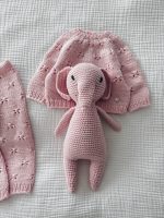 Pale Pink Merino Wool Baby Set – Hand Knit Sweater, Pants & Elephant Toy - Image 2