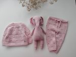 Pale Pink Merino Wool Baby Set – Hand Knit Sweater, Pants & Elephant Toy - Image 4
