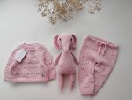 Pale Pink Merino Wool Baby Set – Hand Knit Sweater, Pants & Elephant Toy