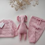 Pale Pink Merino Wool Baby Set – Hand Knit Sweater, Pants & Elephant Toy