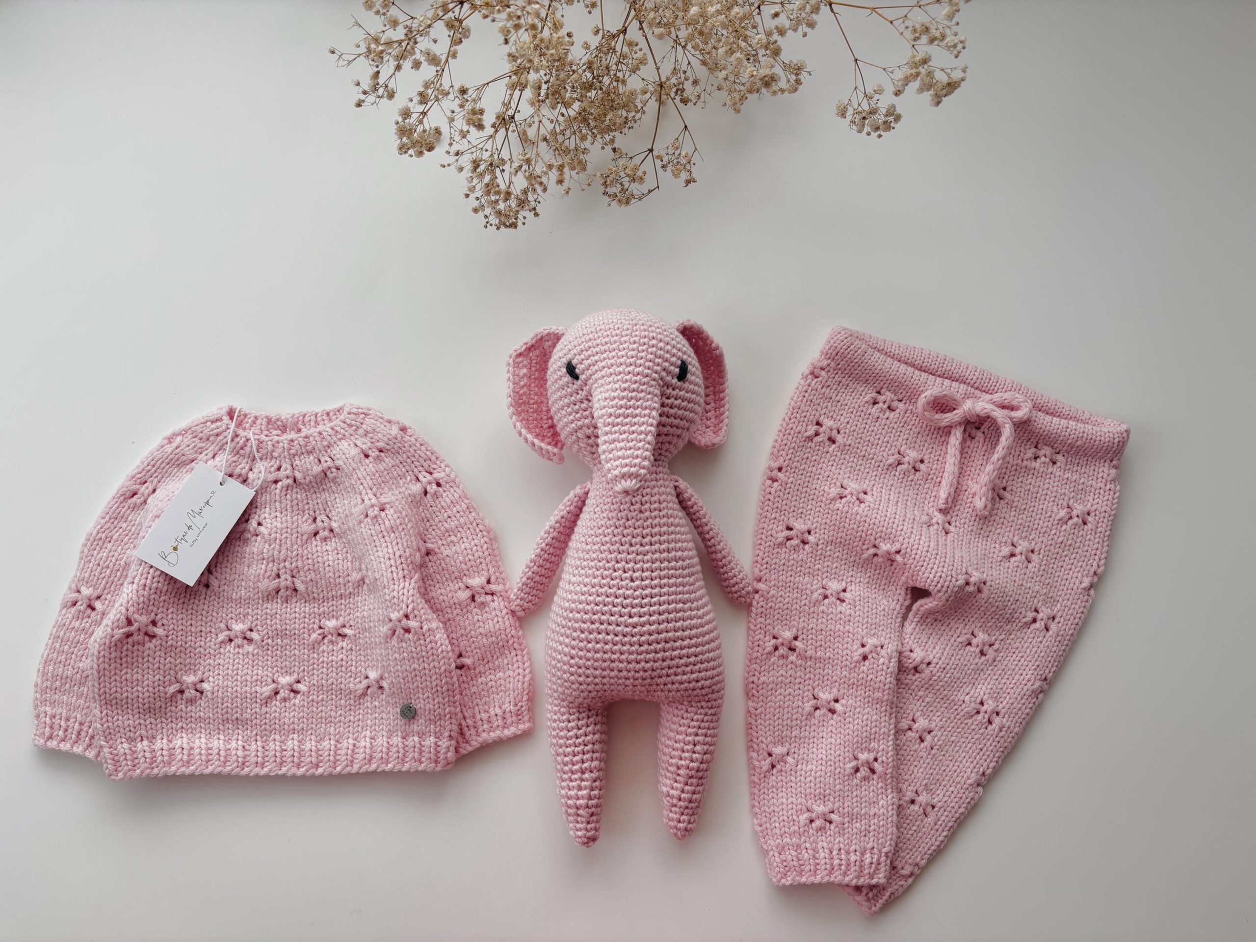 il_fullxfull.6316242747_p3u5 Pale Pink Merino Wool Baby Set – Hand Knit Sweater, Pants & Elephant Toy - Image 1