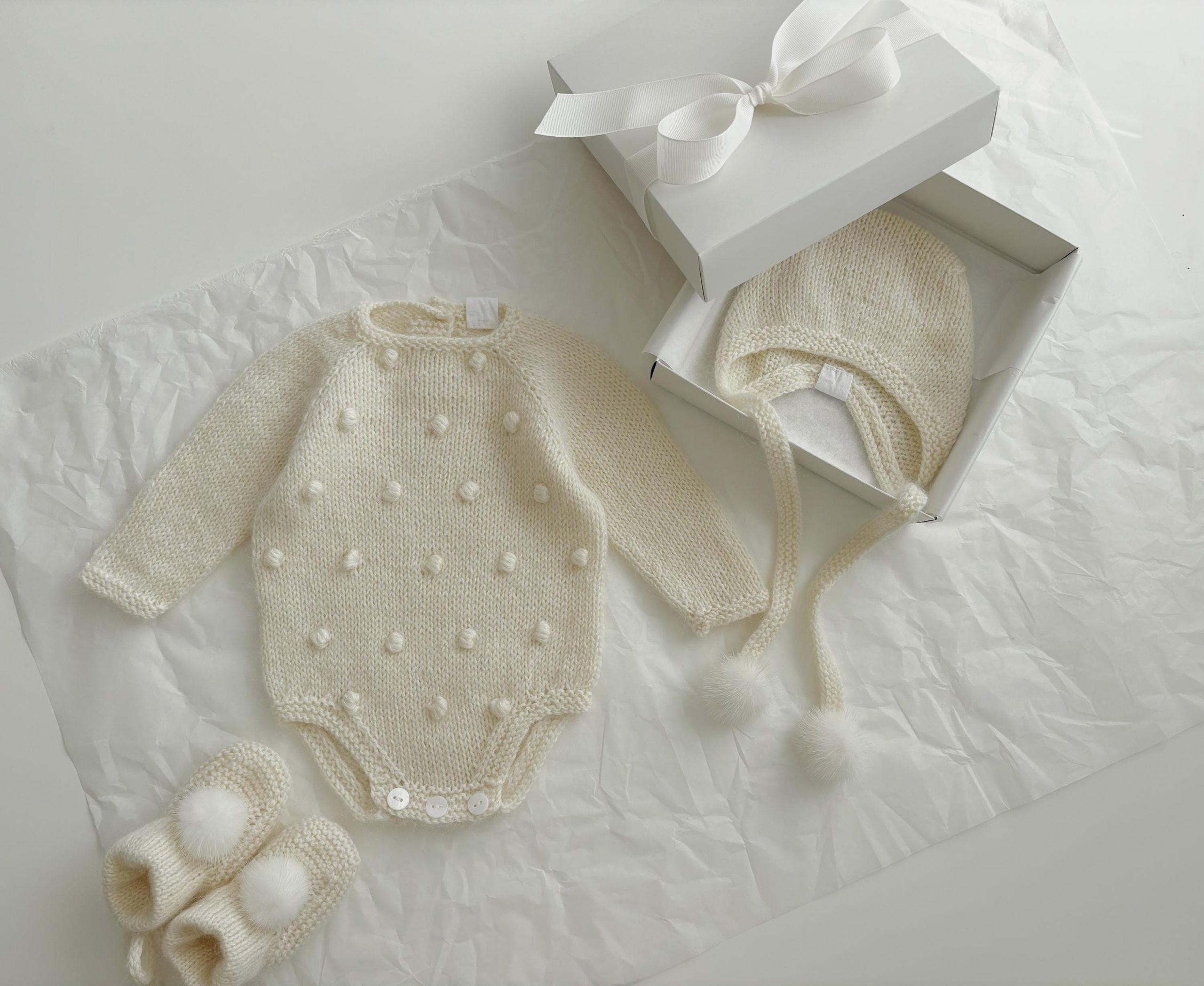 il_fullxfull.6345273741_kzud Merino Wool Baby Outfit – Popcorn Romper, Booties & Bonnet Set - Image 1