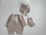 Knitted Merino Baby Romper, Bonnet, and Socks Set, Snowflake Outfit - Image 2
