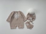 Knitted Merino Baby Romper, Bonnet, and Socks Set, Snowflake Outfit