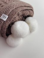 Hand Knitted Alpaca Baby Blanket – Taupe with Fur Pom Poms - Image 5