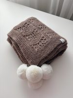 Hand Knitted Alpaca Baby Blanket – Taupe with Fur Pom Poms - Image 7