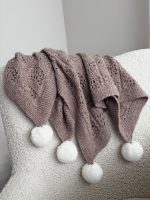 Hand Knitted Alpaca Baby Blanket – Taupe with Fur Pom Poms