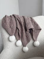 Hand Knitted Alpaca Baby Blanket – Taupe with Fur Pom Poms - Image 4