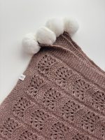 Hand Knitted Alpaca Baby Blanket – Taupe with Fur Pom Poms - Image 6
