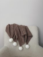 Hand Knitted Alpaca Baby Blanket – Taupe with Fur Pom Poms - Image 8
