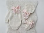 Knit Baby Romper Set – Alpaca Bonnet and Socks, Cream Photo Prop - Image 3