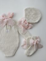Knit Baby Romper Set – Alpaca Bonnet and Socks, Cream Photo Prop - Image 5