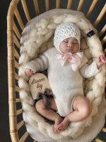 Knit Baby Romper Set – Alpaca Bonnet and Socks, Cream Photo Prop