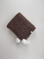 Hand Knit Baby Alpaca Blanket – Brown Knit, Fur Pom Poms - Image 6