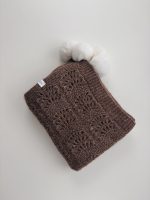 Hand Knit Baby Alpaca Blanket – Brown Knit, Fur Pom Poms - Image 7