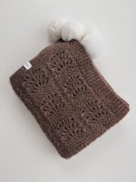 Hand Knit Baby Alpaca Blanket – Brown Knit, Fur Pom Poms - Image 5