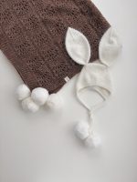 Hand Knit Baby Alpaca Blanket – Brown Knit, Fur Pom Poms - Image 4