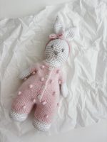Crochet Bunny Toy – Merino Wool, Pink Angora Romper - Image 4