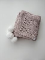 Hand Knitted Alpaca Baby Blanket - Pink Marble with Fur Pom Poms - Image 9