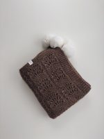 Hand Knit Baby Alpaca Blanket – Brown Knit, Fur Pom Poms - Image 3