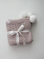 Hand Knitted Alpaca Baby Blanket - Pink Marble with Fur Pom Poms - Image 2