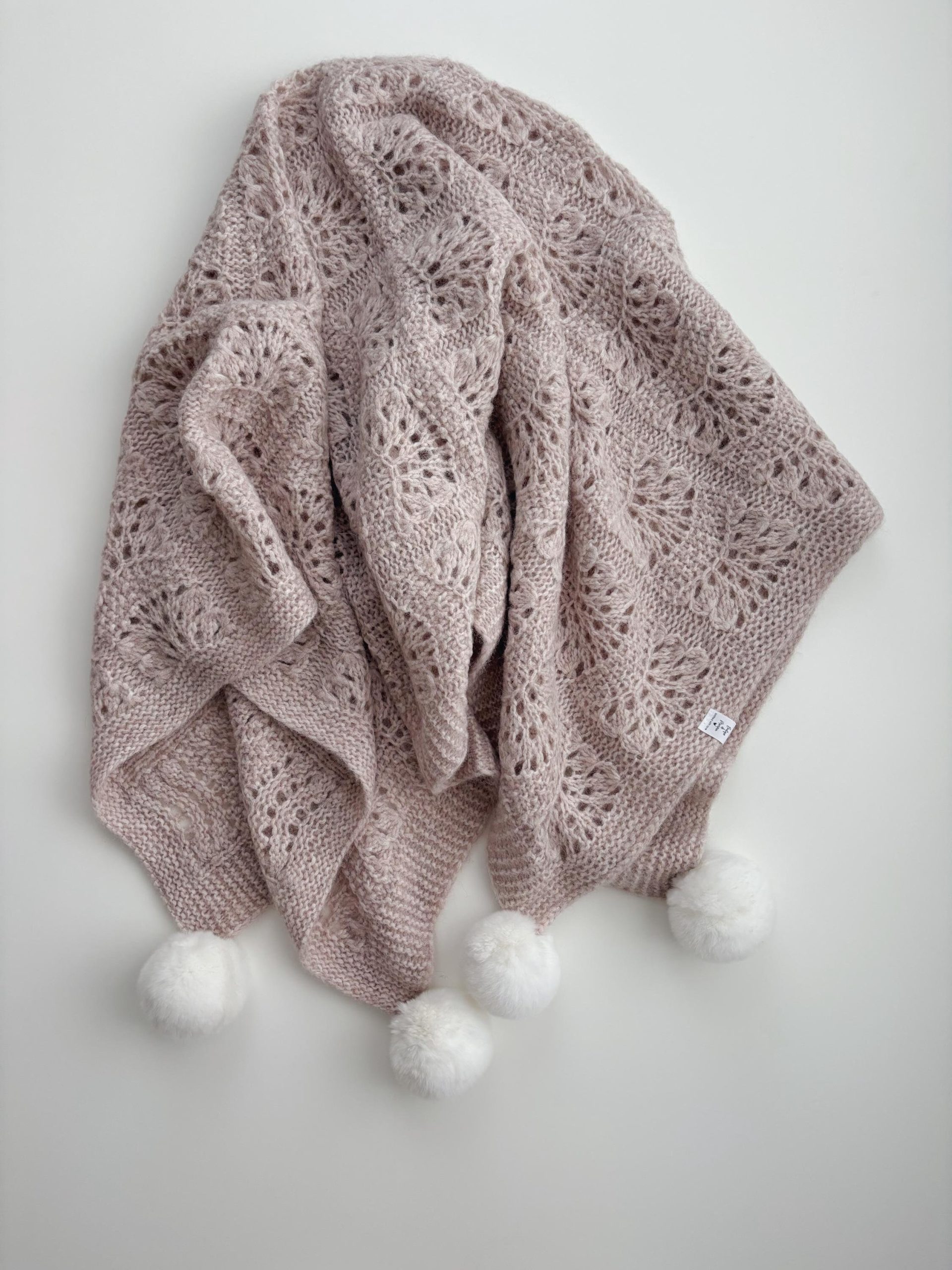 il_fullxfull.6603433665_efz1 Hand Knitted Alpaca Baby Blanket - Pink Marble with Fur Pom Poms - Image 1