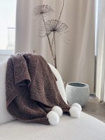 Hand Knit Baby Alpaca Blanket – Brown Knit, Fur Pom Poms - Image 2