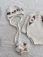 Merino Knit Baby Romper Set, Floral Bonnet & Booties - Image 6