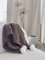 Hand Knit Baby Alpaca Blanket – Brown Knit, Fur Pom Poms - Image 8