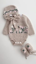 Newborn Girl Alpaca Romper Set – Beige Floral Bonnet & Booties - Image 4