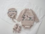 Newborn Girl Alpaca Romper Set – Beige Floral Bonnet & Booties - Image 3