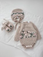 Newborn Girl Alpaca Romper Set – Beige Floral Bonnet & Booties - Image 6